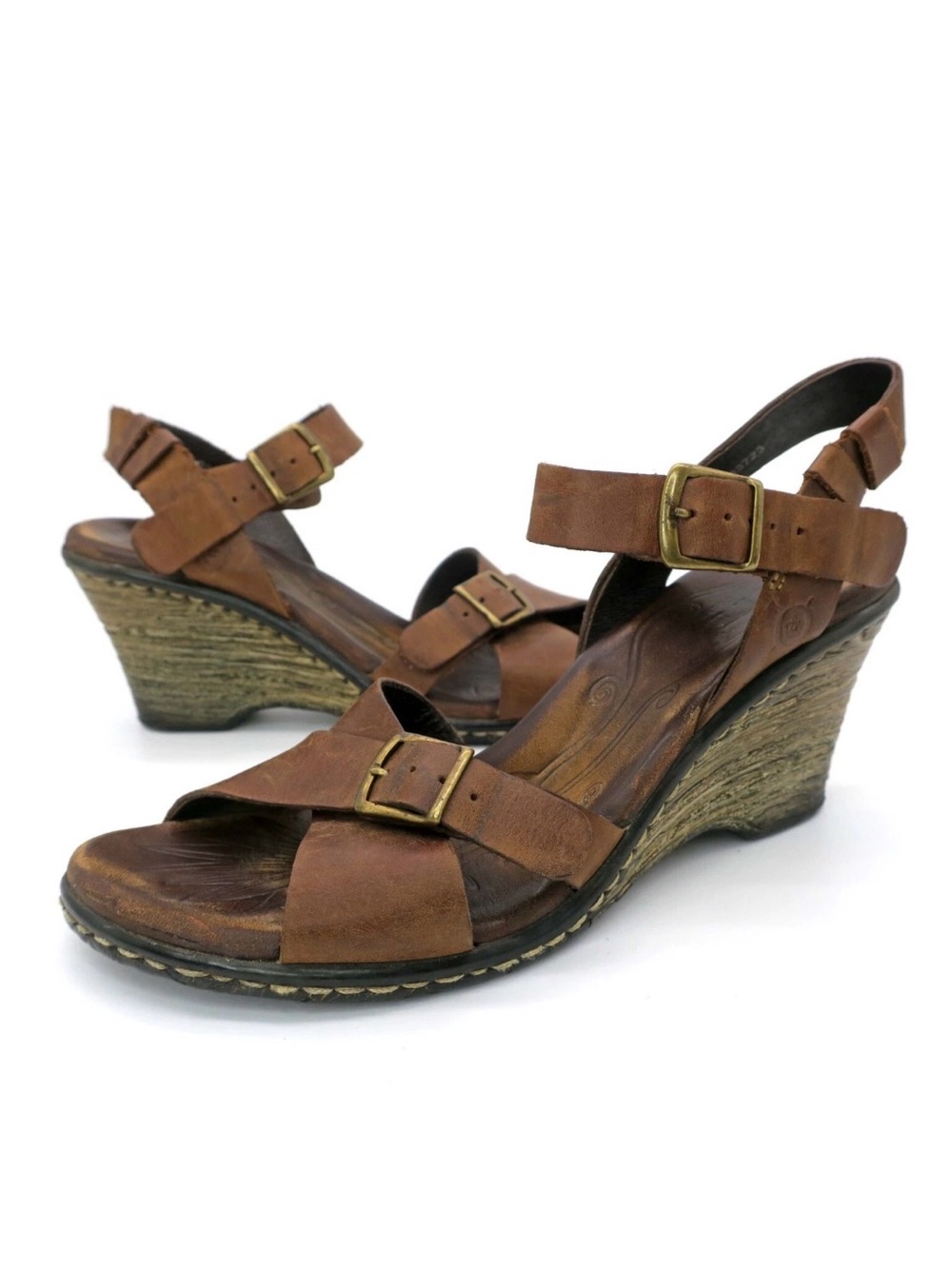 Born Gisela T Moro Sandals D33723 Brown Leather Strappy Wedge Buckle Women's 7M